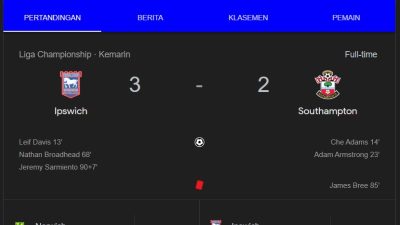 hasil pertandingan ipswich town vs southampton